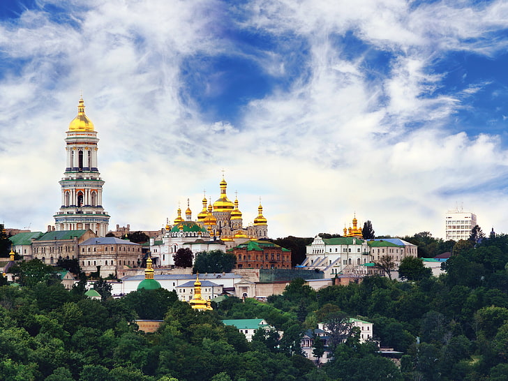 white and yellow concrete buildings, the sky, the city, photo, Cathedral, temple, Ukraine, the monastery, Kiev, Kiev-Pechersk Lavra, HD wallpaper