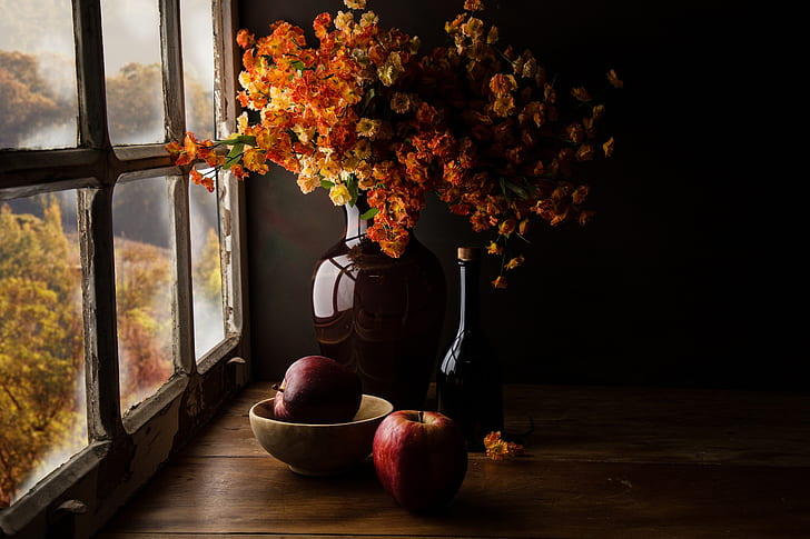 autumn, glass, light, flowers, the dark background, table, wall, apples, Board, view, bottle, bouquet, yellow, window, Cup, tube, vase, bricks, pitcher, fruit, still life, orange, composition, bowl, ceramics, HD wallpaper