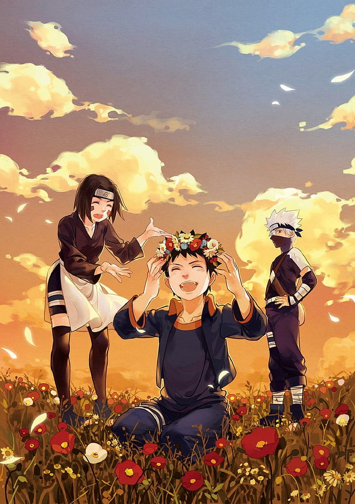 artwork, Nohara Rin, Hatake Kakashi, Uchiha Obito, flowers, anime, Naruto Shippuuden, wreaths, HD wallpaper