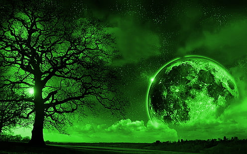 Artístico, Fantasia, Verde, Lua, Árvore, HD papel de parede HD wallpaper