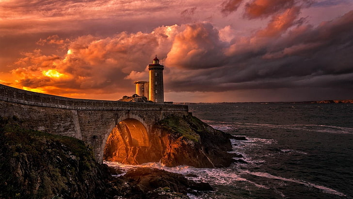 sky, tower, sea, lighthouse, cloud, coast, phare du petit minou, france, shore, evening, dusk, sunset, europe, HD wallpaper