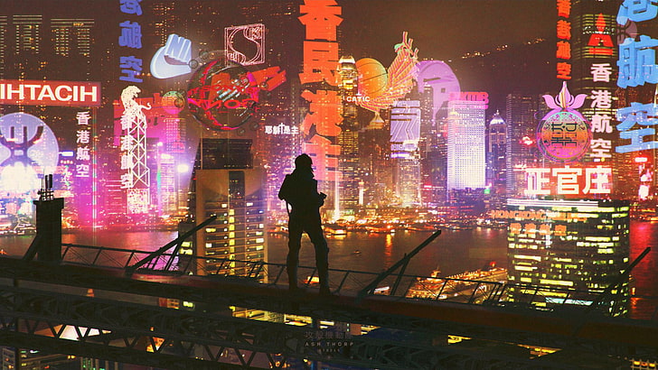 berbagai tanda neon, Ghost in the Shell, cityscape, cyberpunk, Wallpaper HD