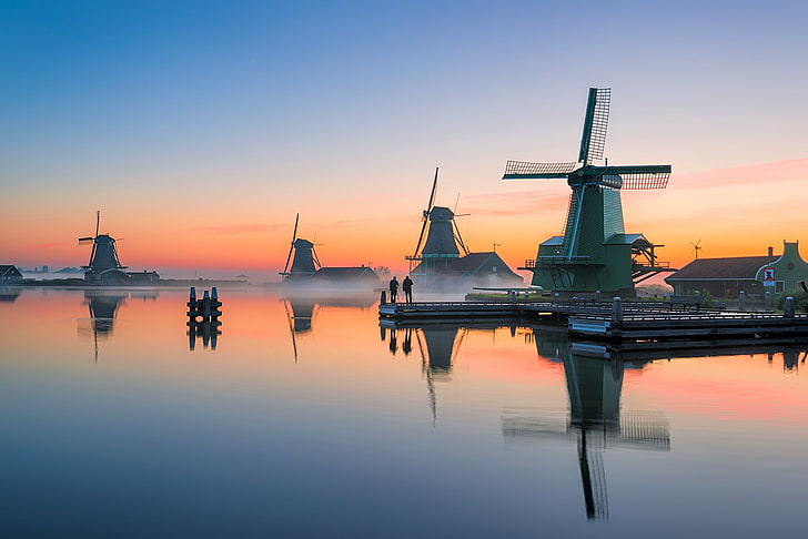 Sonnenuntergang, der Abend, Kanal, Mühle, Niederlande, Holland, Zaanse Schans, HD-Hintergrundbild