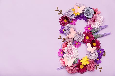  flowers, happy, March 8, pink, postcard, spring, celebration, women's day, 8 march, HD wallpaper HD wallpaper