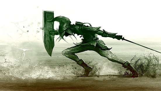 Illustration du personnage de la légende de Zelda, lien, jeux vidéo, oeuvre de la légende de Zelda, épée, bottes, Nintendo, bouclier, Fond d'écran HD HD wallpaper