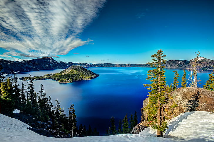 blue ocean during daytime, Sunset, blue ocean, daytime, clouds, crater lake national park, oregon, water, hdr, lake, mountain, snow, nature, landscape, scenics, outdoors, blue, winter, reflection, HD wallpaper