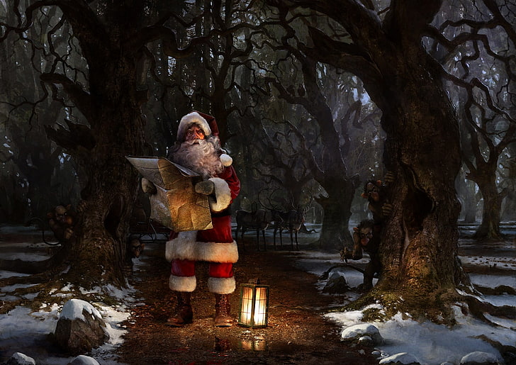 Santa Claus artwork, forest, map, art, track, lantern, Santa Claus, deer, goblins, lost, john liberto, HD wallpaper