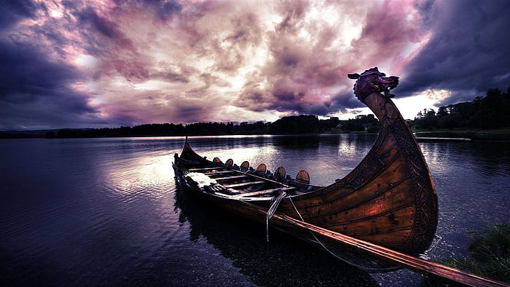 purple sky, drakkar, water, cloudy, boat, viking ship, evening, viking age, lake, landscape, HD wallpaper