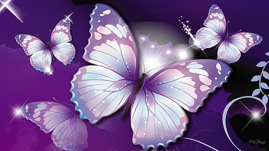 Пеперуди Лилаво, лилаво, бяло, пеперуди, 3d и абстрактно, HD тапет HD wallpaper
