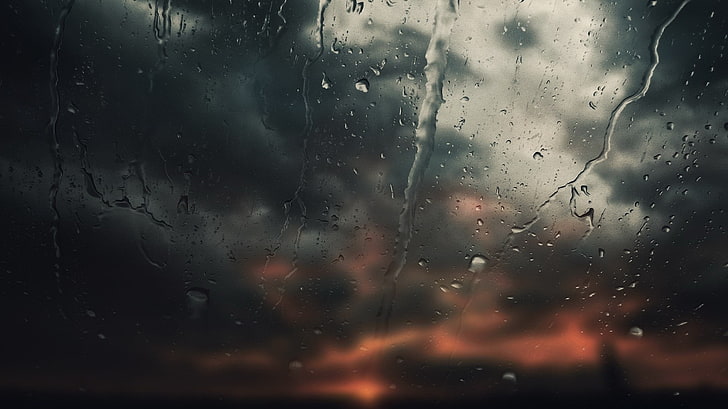 капли воды в фокусе фотографии, дождь, вода на стекле, шторм, небо, HD обои
