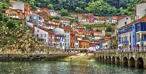 bangunan, rumah, Teluk, Spanyol, Asturias, Teluk Biscay, Teluk Biscay, tanggul, Cudillero, Wallpaper HD HD wallpaper