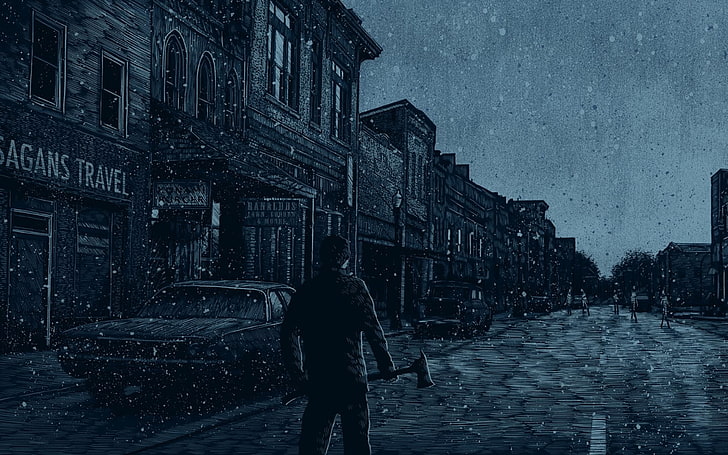 homme tenant hache papier peint, Silent Hill, neige, voiture, art numérique, jeux vidéo, art du jeu vidéo, Fond d'écran HD