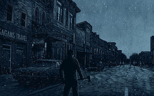 человек, держащий топор обои, Silent Hill, снег, автомобиль, цифровое искусство, видеоигры, Video Game Art, HD обои HD wallpaper