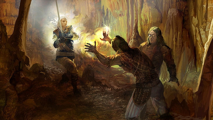 Trois personnes sur une illustration de la grotte, The Witcher, jeux vidéo, Geralt of Rivia, Fond d'écran HD