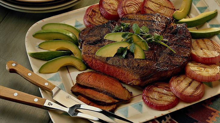 Lebensmittel, Fleisch, Steak, Zwiebel, Gabel, Melonen, Avocado, Zwiebeln, HD-Hintergrundbild