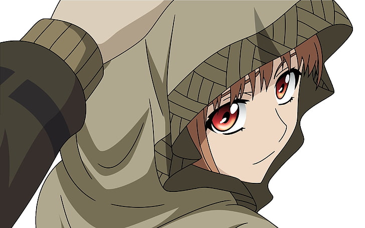 manlig anime karaktär bär grön hoodie illustration, krydda och varg, horo, flicka, huva, look, HD tapet