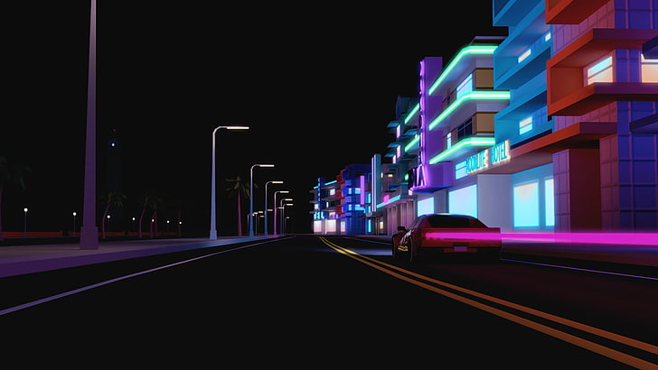 อาคารคอนกรีตสีน้ำเงิน, เมือง, ในเมือง, ถนน, รถ, CGI, การแสดงผล, อาคาร, กลางคืน, แสงไฟของเมือง, ภาพเบลอจากการเคลื่อนไหว, ไมอามี, ฟลอริดา, Grand Theft Auto Vice City, Grand Theft Auto, วอลล์เปเปอร์ HD