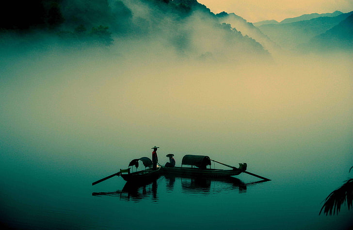 Silhouette von Personen auf Kanus, Natur, Wasser, Kanus, HD-Hintergrundbild