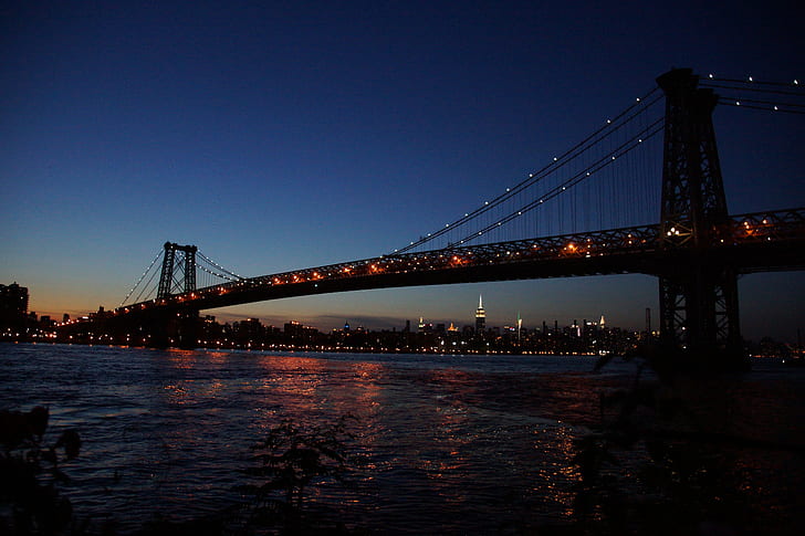 Бруклинский мост, Нью-Йорк, Ночь, Река, Небо, Огни, Мост, Манхэттенский мост, Бруклинский мост, Нью-Йорк, ночь, река, небо, огни, мост, HD обои