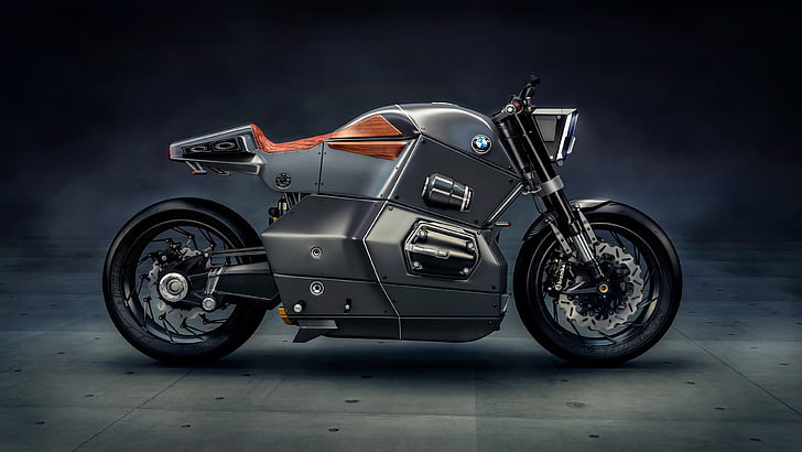 grau und schwarz BMW Motorrad geparkt auf grauem Untergrund, BMW Urban Racer, Elektro, E-Bikes, Best Bikes, HD-Hintergrundbild