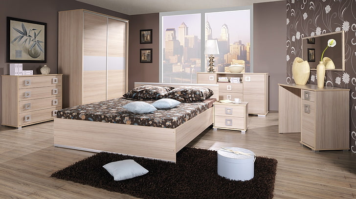 кафява дървена рамка за легло, дизайн, град, стил, стая, интериор, мегаполис, спалня, HD тапет