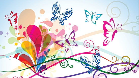 Loving Butterflies, swish, bright, butterfly, pink, vector, abstract, swirls, colorful, blue, butterflies, 3d and abstract, Tapety HD HD wallpaper