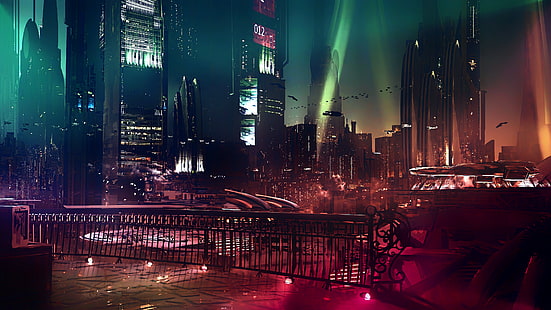 cyber, science fiction, sztuka cyfrowa, grafika koncepcyjna, cyberpunk, dzieło sztuki, futurystyczny, fantasy art, fan art, 3D, statek kosmiczny, CGI, pejzaż miejski, futurystyczne miasto, zachód słońca, światła neonowe, neon, Bladerunner, Tapety HD HD wallpaper