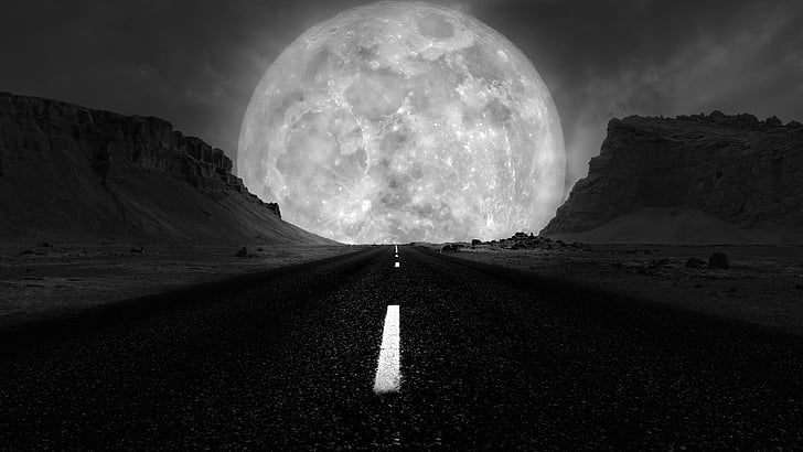 black, nature, black and white, sky, full moon, supermoon, road, light, moon, darkness, monochrome, moonlight, phenomenon, highway, HD wallpaper