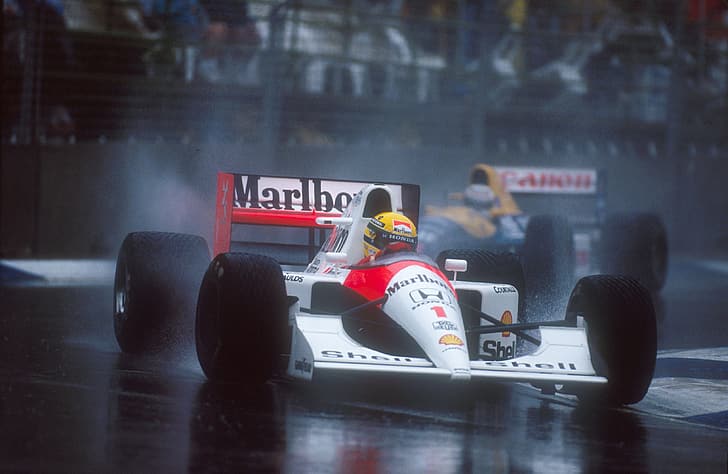 Formula 1, McLaren, Mclaren Mp4, Marlboro, Ayrton Senna, helmet, rain, HD wallpaper