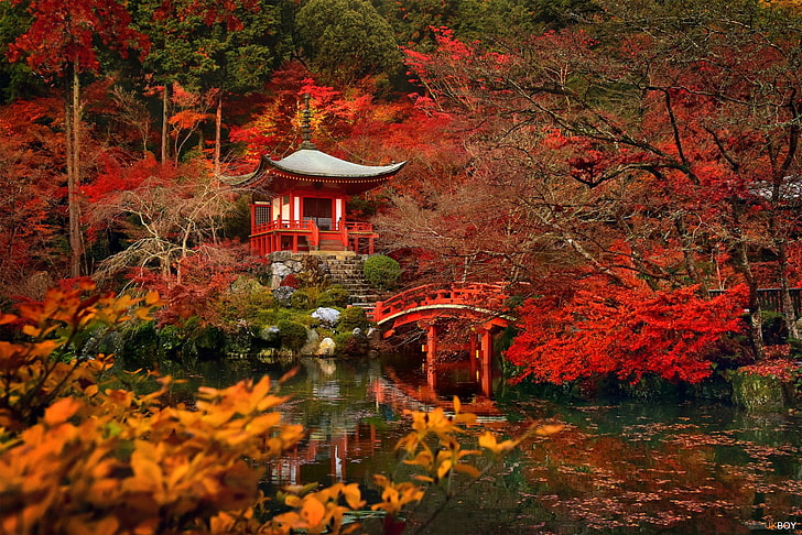 Храмы, Дайго-дзи, Мост, Осень, Япония, Киото, Природа, Пагода, HD обои