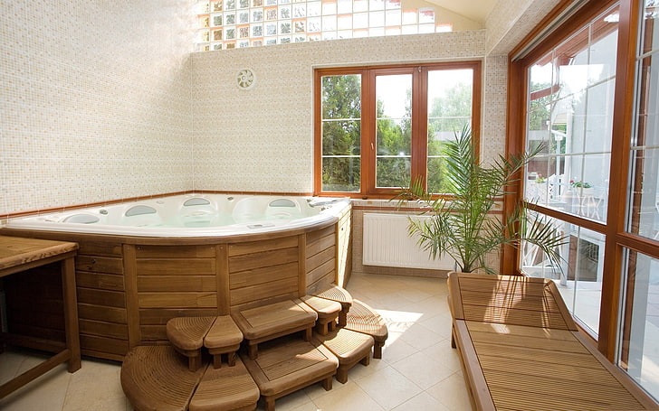 bañera de hidromasaje marrón y blanca, baño, habitación, confort, diseño, Fondo de pantalla HD