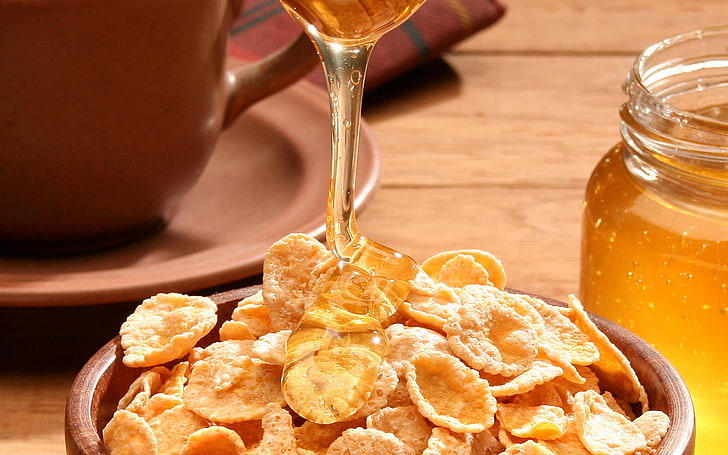 cereal and honey, flakes, honey, breakfast, stream, HD wallpaper