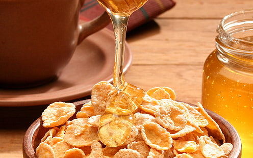 cereal and honey, flakes, honey, breakfast, stream, HD wallpaper HD wallpaper