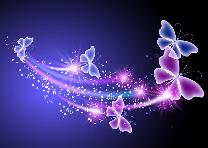 blå och rosa fjärilar illustration, fjäril, abstrakt, blå, rosa, glöd, neon, gnista, fjärilar, HD tapet
