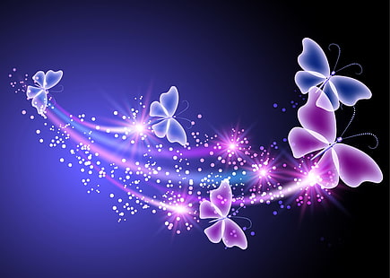 иллюстрация голубых и розовых бабочек, бабочка, аннотация, синий, розовый, свечение, неон, блеск, бабочки, HD обои HD wallpaper