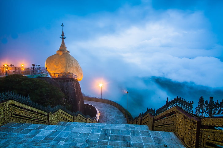 серая бетонная лестница, природа, пейзаж, фотография, храм, архитектура, огни, туман, облака, Мьянма, HD обои
