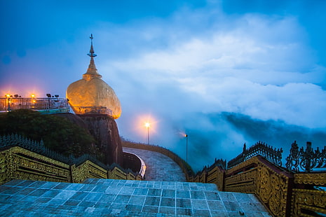 серая бетонная лестница, природа, пейзаж, фотография, храм, архитектура, огни, туман, облака, Мьянма, HD обои HD wallpaper