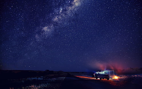 foto da Via Láctea, estrelas, espaço, galáxia, Via Láctea, cabine, céu noturno, fogueira, HD papel de parede HD wallpaper