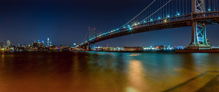 灰色の橋、橋、夜、フィラデルフィア、都市、都市景観、夜、街の明かり、 HDデスクトップの壁紙