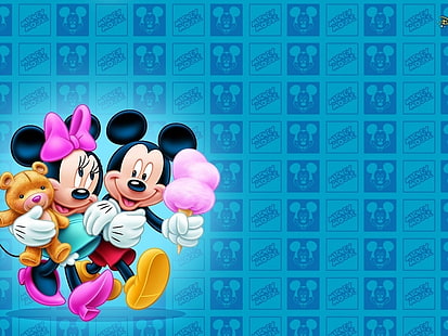 Мини и Мики Маус, сладко, фантазия, Мики Маус, розово, Мини, двойка, синьо, Дисни, HD тапет HD wallpaper