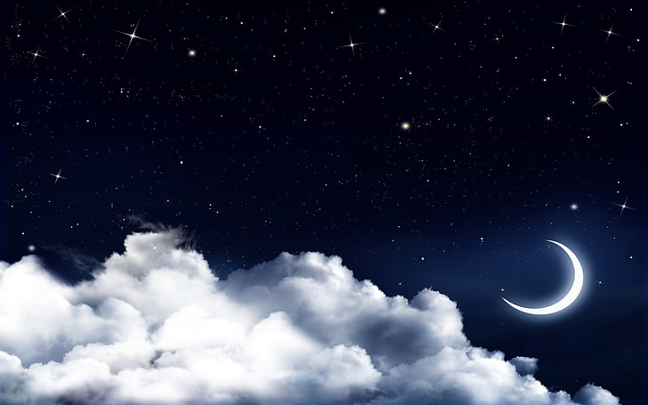 Логотип Dreamworks, небо, облака, ночь, звёзды, полумесяц, HD обои