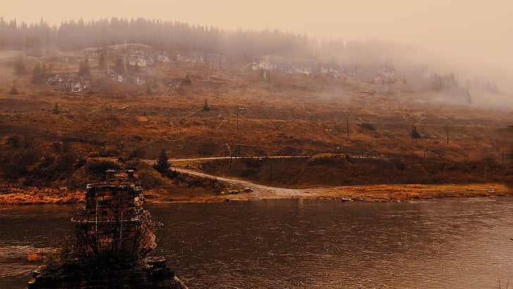 Landschaft, See, Fluss, Wasser, Hügel, Nebel, Gebäude, Ruine, Straße, Bäume, Natur, Ruinen, HD-Hintergrundbild