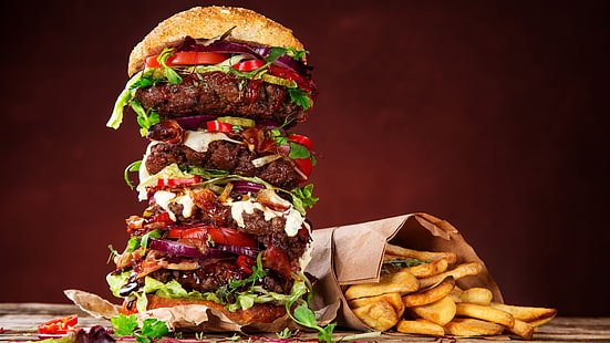 гамбургер, еда, фаст фуд, нездоровая пища, картофель фри, закуски, HD обои HD wallpaper