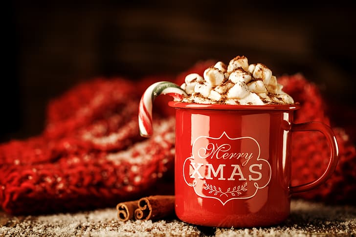 décoration, Nouvel An, Noël, mug, tasse, Noël, Joyeux, chocolat chaud, guimauve, guimauves, Fond d'écran HD