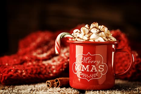 décoration, Nouvel An, Noël, mug, tasse, Noël, Joyeux, chocolat chaud, guimauve, guimauves, Fond d'écran HD HD wallpaper