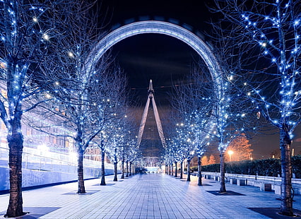 Лондонско око, коледни светлини, дървета, Лондон, пътека, град, небе, HD тапет HD wallpaper