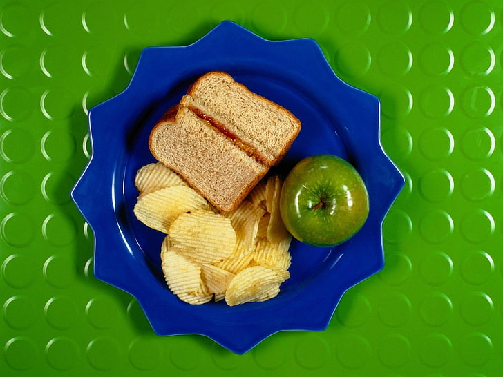 bread, potato chips, and green apple, toast, chips, apple, plate, having snack, HD wallpaper
