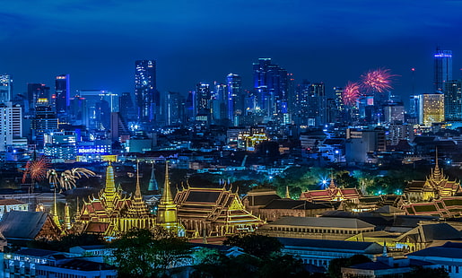 Банкок, градове, фойерверки, мегаполис, нощ, небостъргачи, Тайланд, HD тапет HD wallpaper