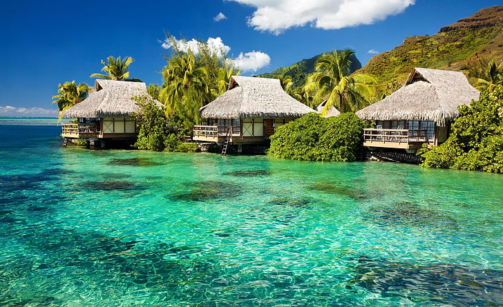 Bungalows de água em uma ilha Tropical, três cabanas brancas, Viagens, Ilhas, Ilha, Água, Tropical, Bungalows, HD papel de parede