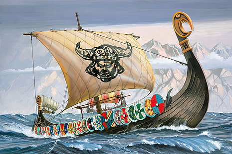 Ilustración de barco negro, mar, los vikingos, 